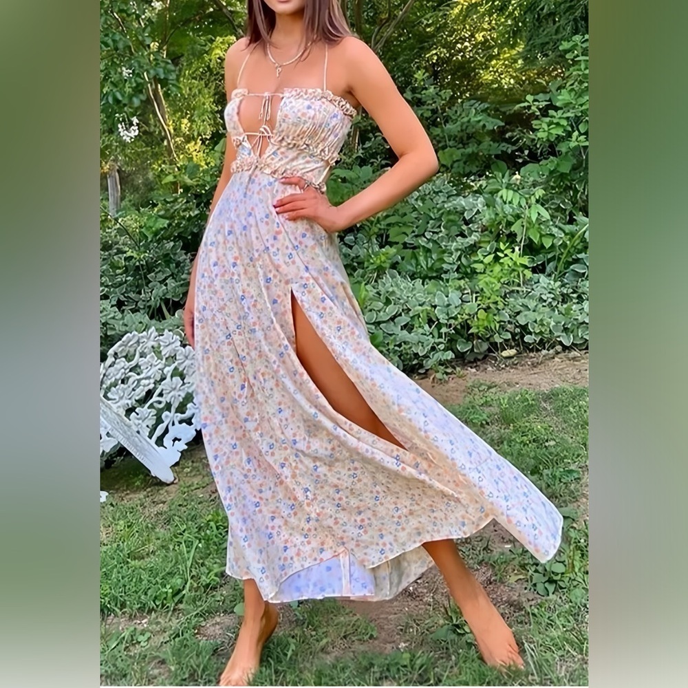 Sugar & Spice Backless Deep Plunging V-Neckline Floral Print Midi Dress Sundress